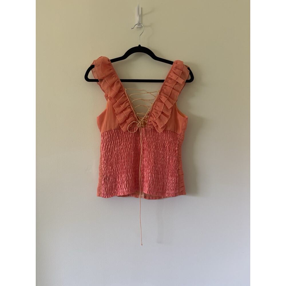 Vintage Y2K Sherbet Orange & pink Coral Corset Top Smocked Ruffle Blouse Large - Picture 2 of 8